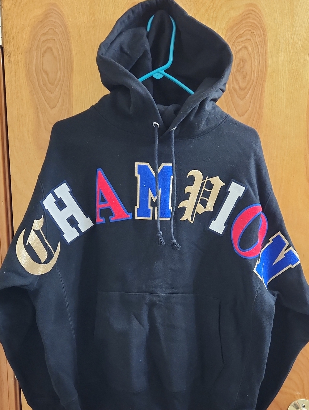 Champion Black Hoodie with Multicolor Arch Logo